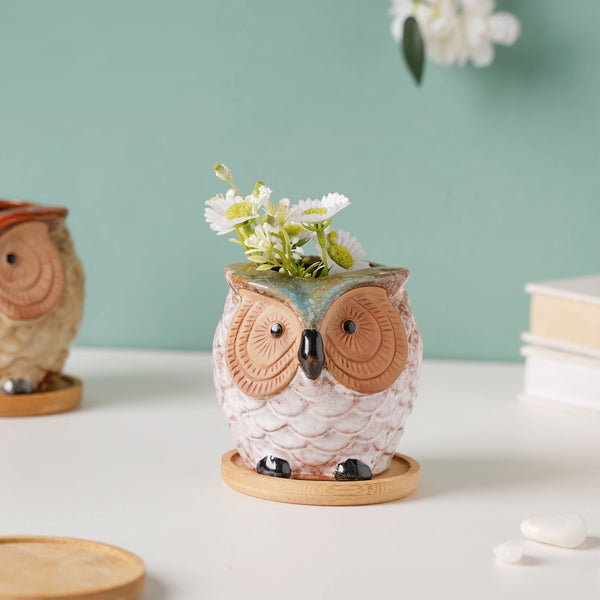 Colossal White Ceramic Owl Planter With Wooden Coaster - Indoor planters and flower pots | Home decor items