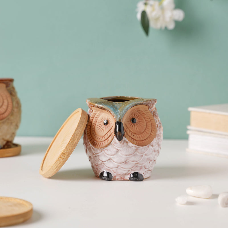 Colossal White Ceramic Owl Planter With Wooden Coaster - Indoor planters and flower pots | Home decor items