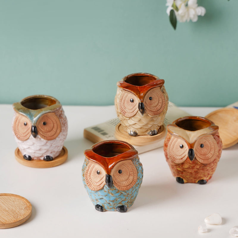 Colossal White Ceramic Owl Planter With Wooden Coaster - Indoor planters and flower pots | Home decor items