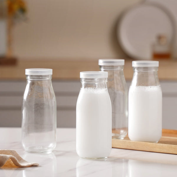 Milk Glass Bottle With Lid Set of 4 - Water bottle, juice bottle, glass bottle | Bottle for Travelling & Dining Table