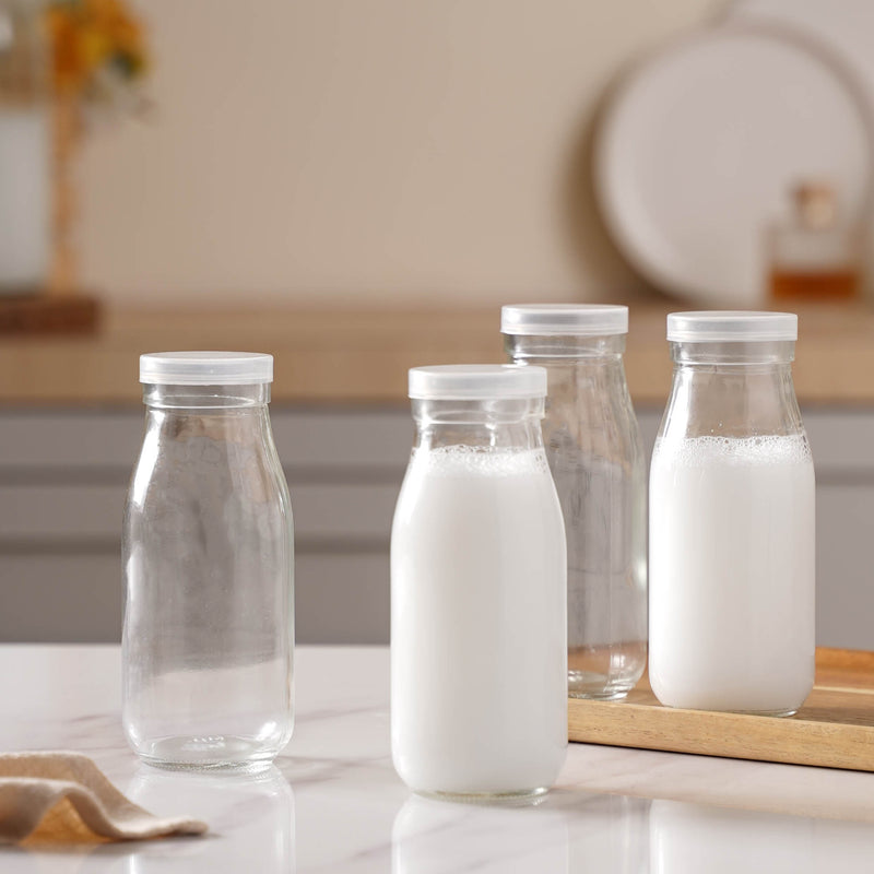Milk Glass Bottle With Lid Set of 4 - Water bottle, juice bottle, glass bottle | Bottle for Travelling & Dining Table