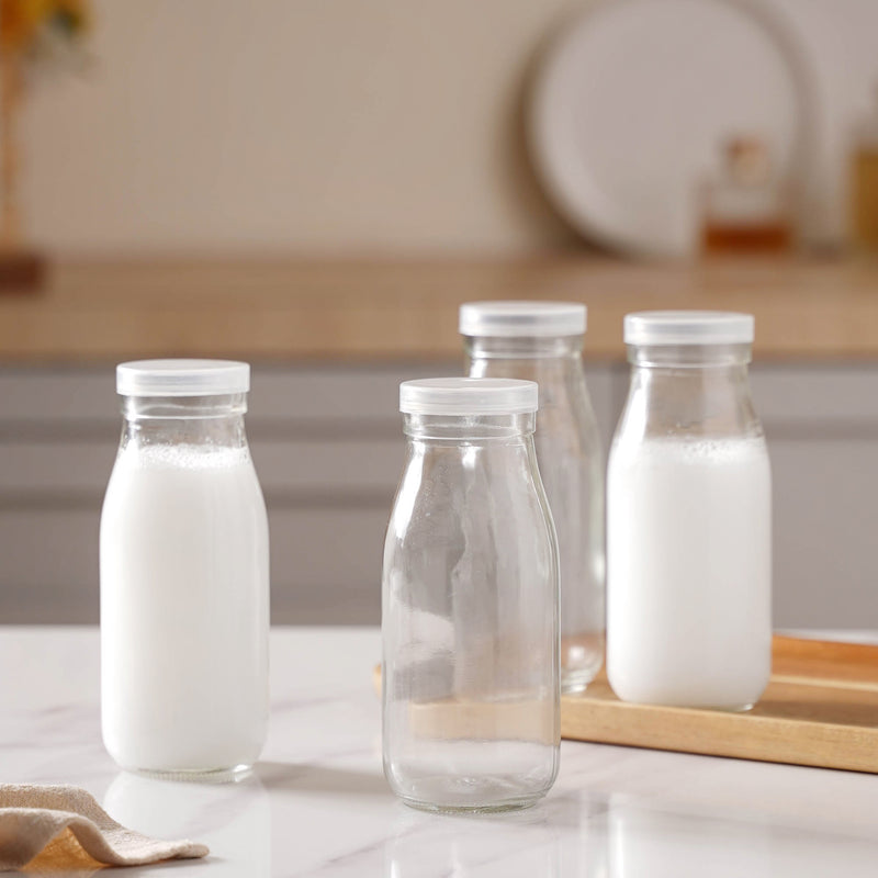 Milk Glass Bottle With Lid Set of 4 - Water bottle, juice bottle, glass bottle | Bottle for Travelling & Dining Table