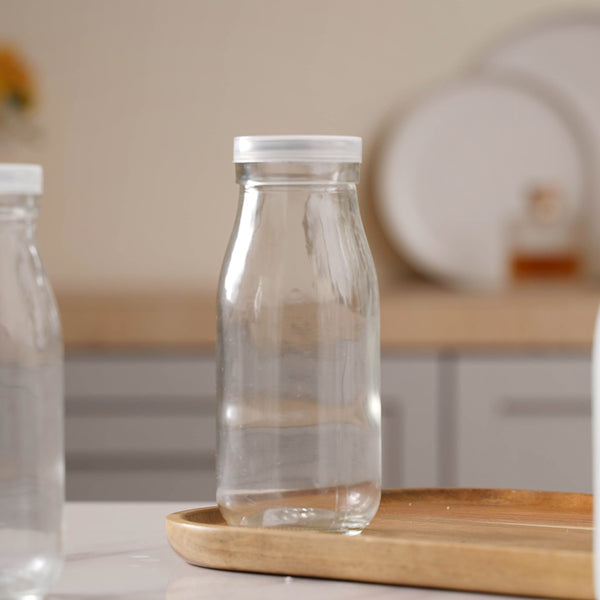 Milk Glass Bottle With Lid Set of 4 - Water bottle, juice bottle, glass bottle | Bottle for Travelling & Dining Table