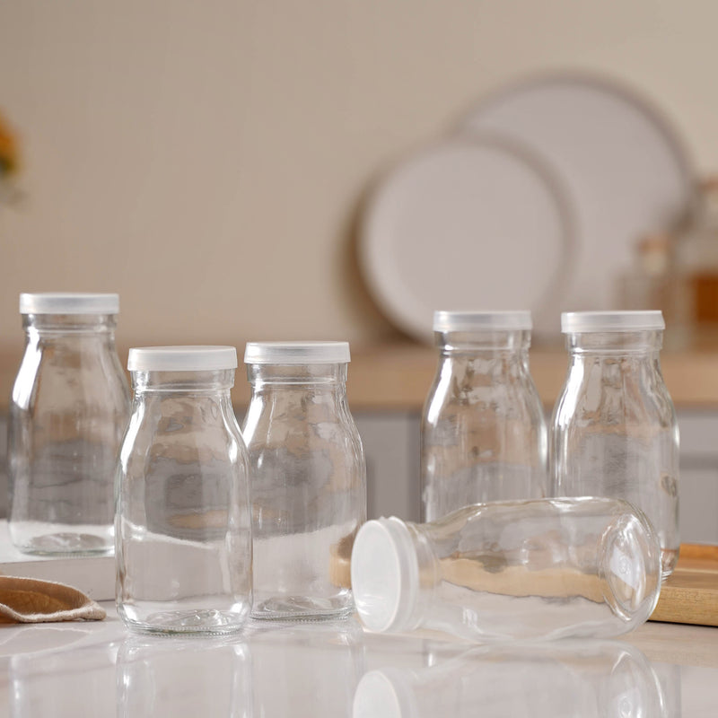 Milk Glass Bottle with Lid Set of 6 - Water bottle, juice bottle, glass bottle | Bottle for Travelling & Dining Table
