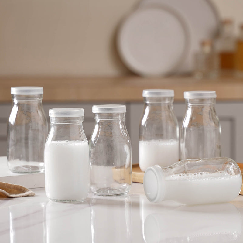 Milk Glass Bottle with Lid Set of 6 - Water bottle, juice bottle, glass bottle | Bottle for Travelling & Dining Table
