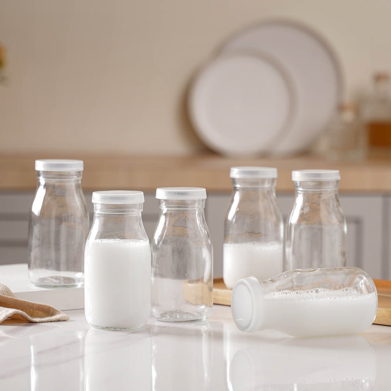 Milk Glass Bottle with Lid Set of 6 - Water bottle, juice bottle, glass bottle | Bottle for Travelling & Dining Table
