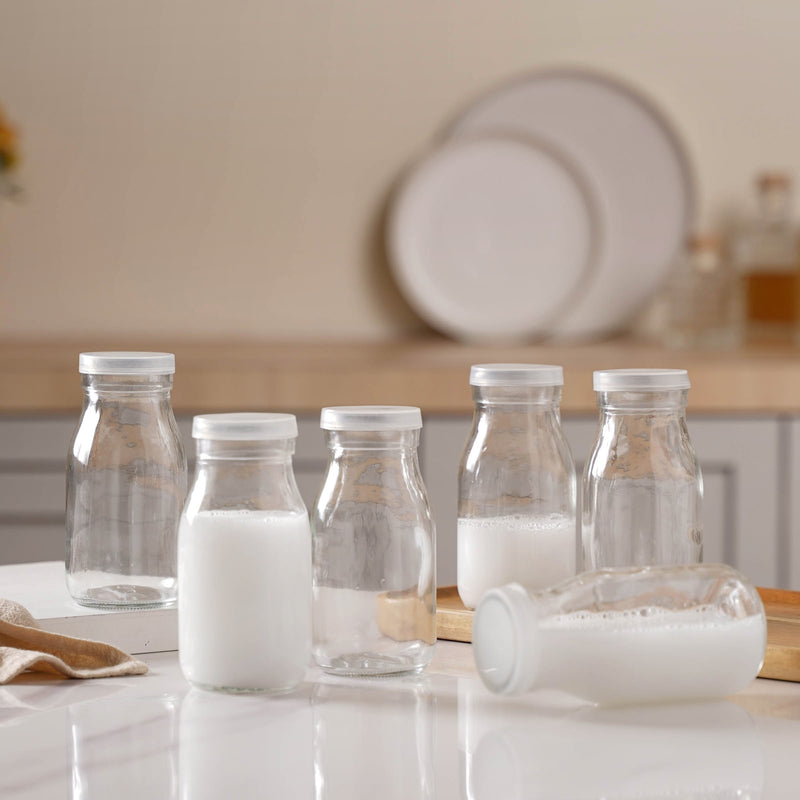 Milk Glass Bottle with Lid Set of 6 - Water bottle, juice bottle, glass bottle | Bottle for Travelling & Dining Table