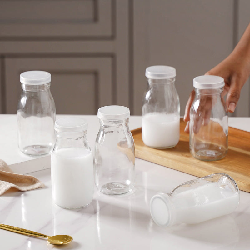 Milk Glass Bottle with Lid Set of 6 - Water bottle, juice bottle, glass bottle | Bottle for Travelling & Dining Table