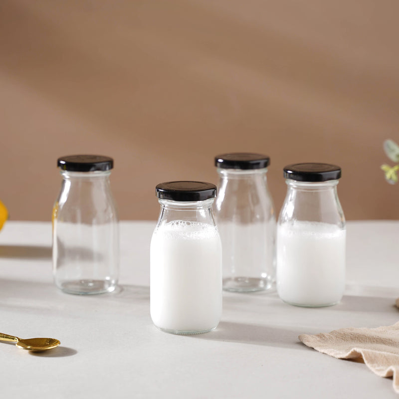 Cylindrical Milk Bottle Set of 4 - Water bottle, juice bottle, glass bottle | Bottle for Travelling & Dining Table