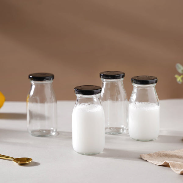 Cylindrical Milk Bottle Set of 4 - Water bottle, juice bottle, glass bottle | Bottle for Travelling & Dining Table