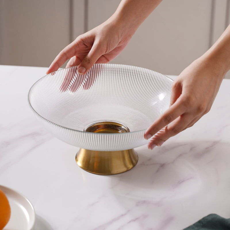 Ribbed Glass Decorative Fruit Bowl - Glass bowl, serving bowls, bowl for snacks, glass serving bowl, large serving bowl | Bowls for dining table & home decor