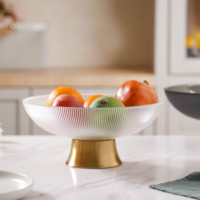 Ribbed Glass Decorative Fruit Bowl - Glass bowl, serving bowls, bowl for snacks, glass serving bowl, large serving bowl | Bowls for dining table & home decor
