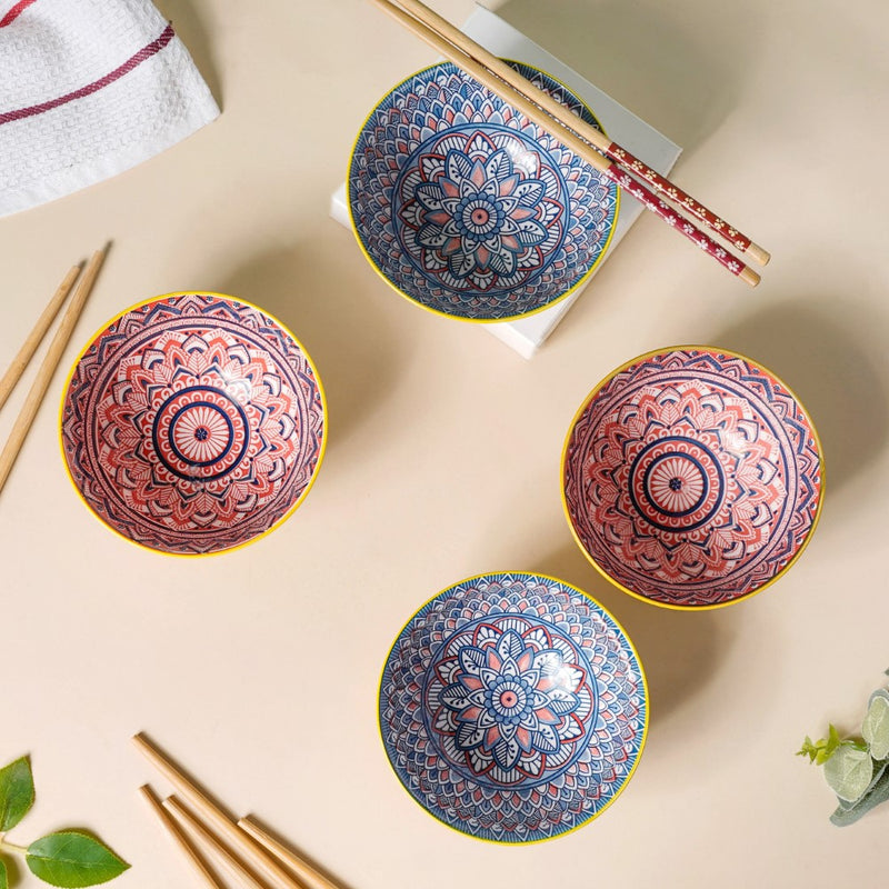 Mandala Ramen Bowl Set of 4 - Bowl, soup bowl, ceramic bowl, snack bowls, curry bowl, popcorn bowls | Bowls for dining table & home decor