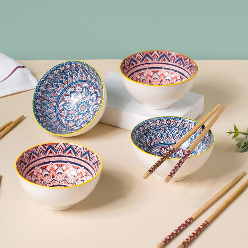 Mandala Ramen Bowl Set of 4 - Bowl, soup bowl, ceramic bowl, snack bowls, curry bowl, popcorn bowls | Bowls for dining table & home decor