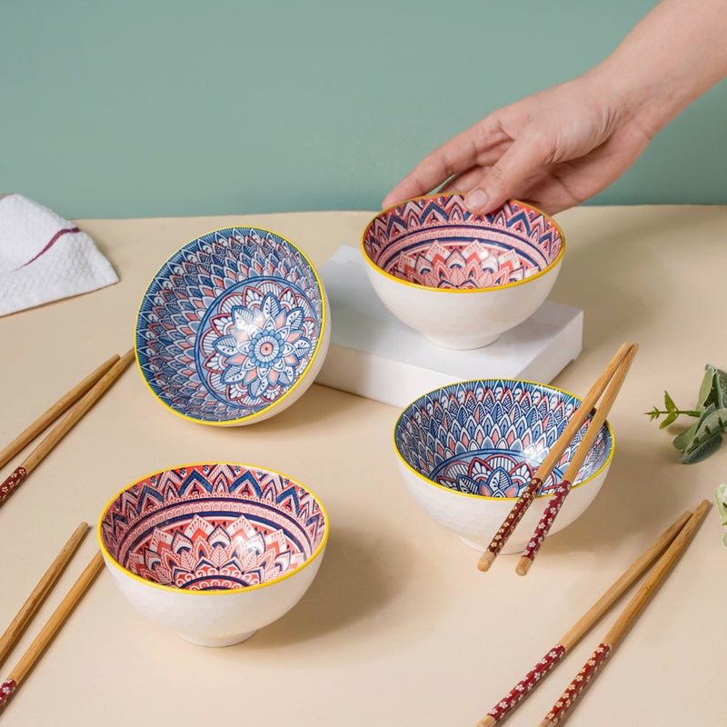 Mandala Ramen Bowl Set of 4 - Bowl, soup bowl, ceramic bowl, snack bowls, curry bowl, popcorn bowls | Bowls for dining table & home decor