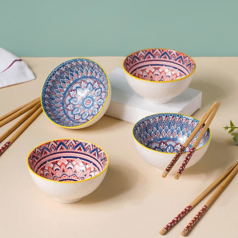 Mandala Ramen Bowl Set of 4 - Bowl, soup bowl, ceramic bowl, snack bowls, curry bowl, popcorn bowls | Bowls for dining table & home decor