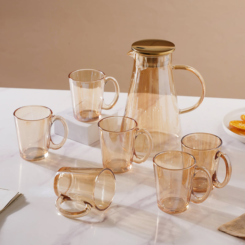 Amber Glass Jug and Cup Set of 7 - Tea set, glass jug set, glassware set | Drinkware set for Dining table & Home decor