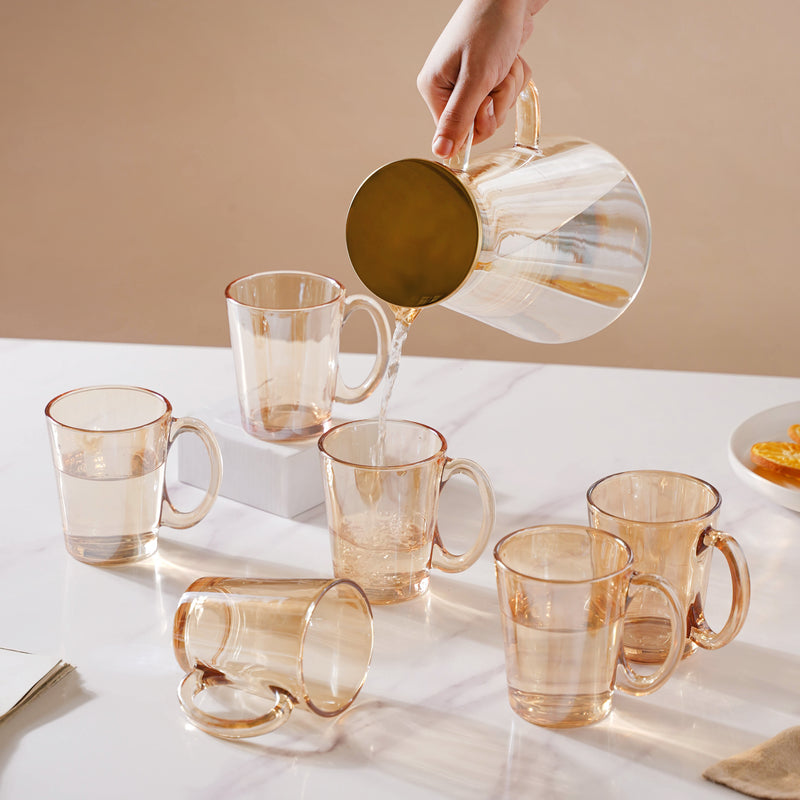 Amber Glass Jug and Cup Set of 7 - Tea set, glass jug set, glassware set | Drinkware set for Dining table & Home decor