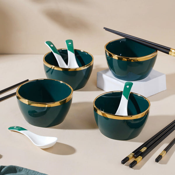 Emerald Snack Bowl Set Of 4 With Chopsticks And Soup Spoons