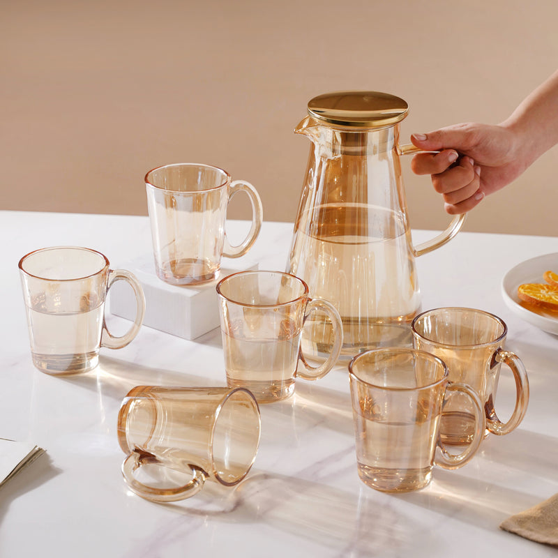 Amber Glass Jug and Cup Set of 7 - Tea set, glass jug set, glassware set | Drinkware set for Dining table & Home decor