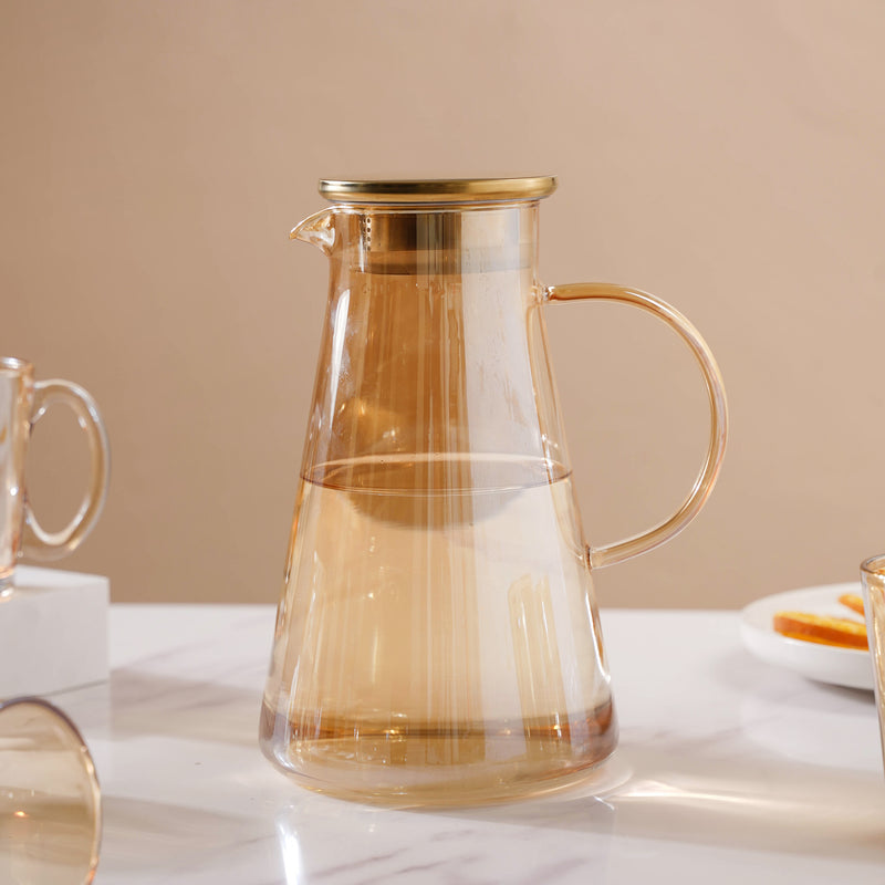 Amber Glass Jug and Cup Set of 7 - Tea set, glass jug set, glassware set | Drinkware set for Dining table & Home decor