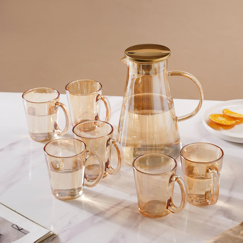 Amber Glass Jug and Cup Set of 7 - Tea set, glass jug set, glassware set | Drinkware set for Dining table & Home decor