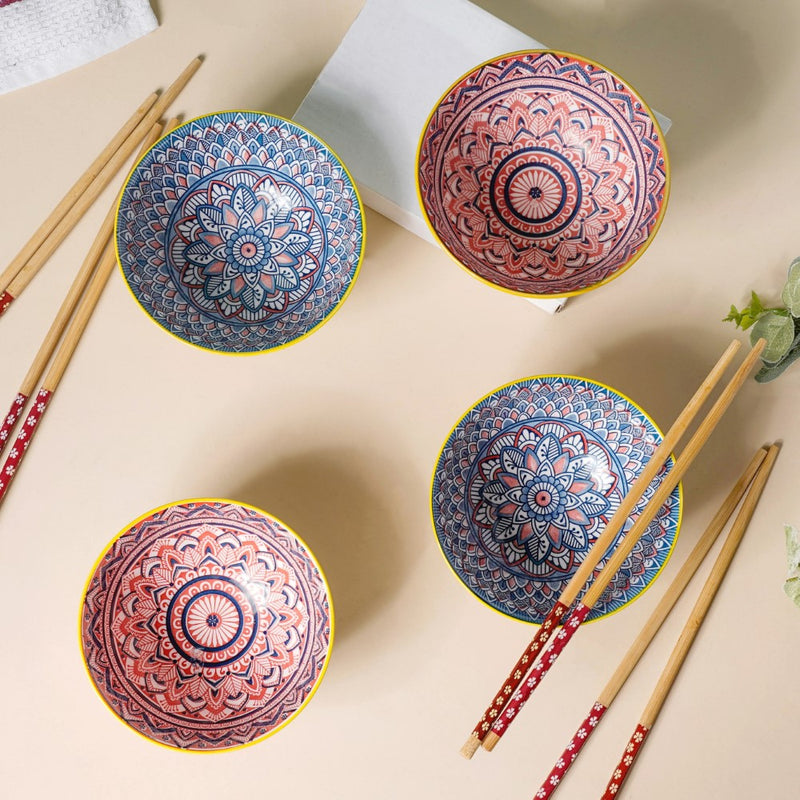 Mandala Ramen Bowl Set of 4 - Bowl, soup bowl, ceramic bowl, snack bowls, curry bowl, popcorn bowls | Bowls for dining table & home decor