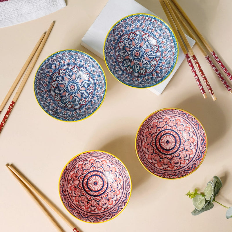 Mandala Ramen Bowl Set of 4 - Bowl, soup bowl, ceramic bowl, snack bowls, curry bowl, popcorn bowls | Bowls for dining table & home decor