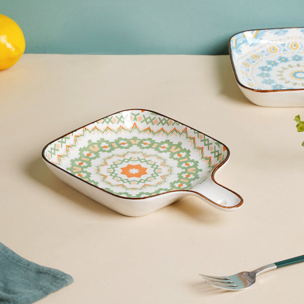 Mandala Green Criss-Cross Square Platter With Handle - Ceramic platter, serving platter, fruit platter | Plates for dining table & home decor