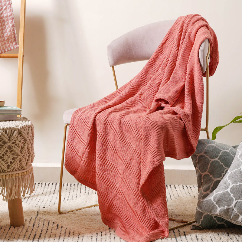 Peach Ribbed Knitted Throw