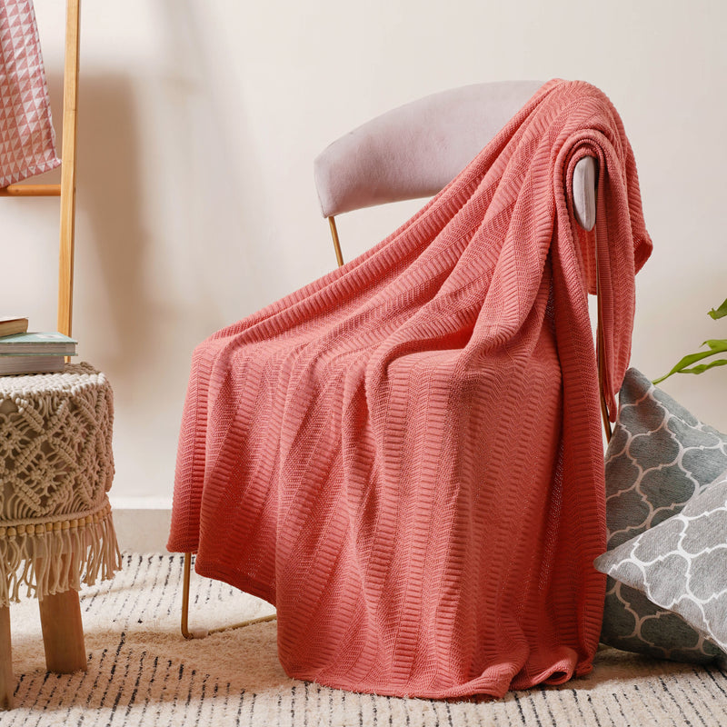 Peach Ribbed Knitted Throw