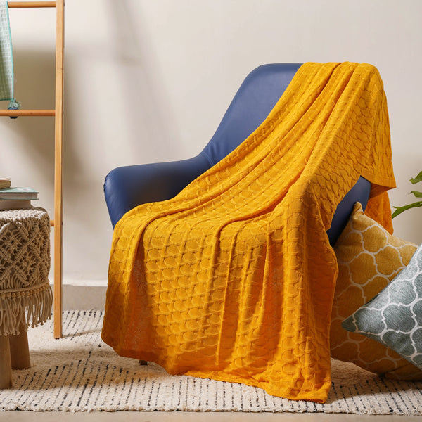 Mustard Scallop Knitted Throw
