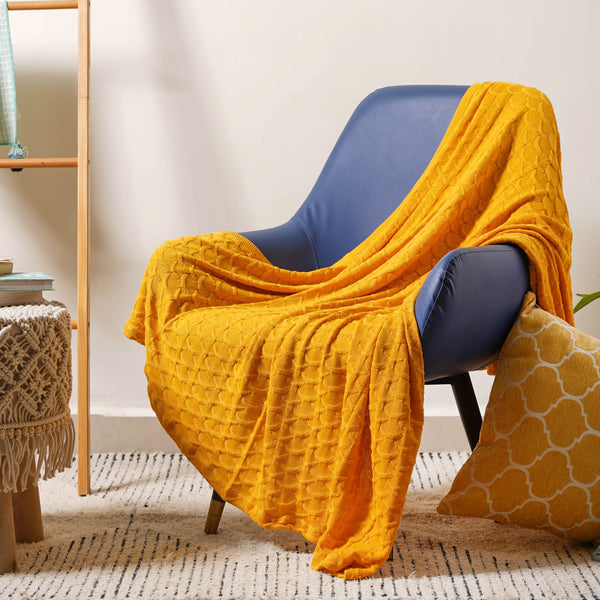 Mustard Scallop Knitted Throw