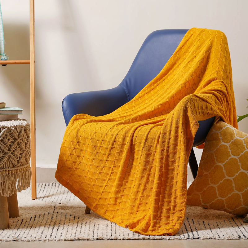 Mustard Scallop Knitted Throw