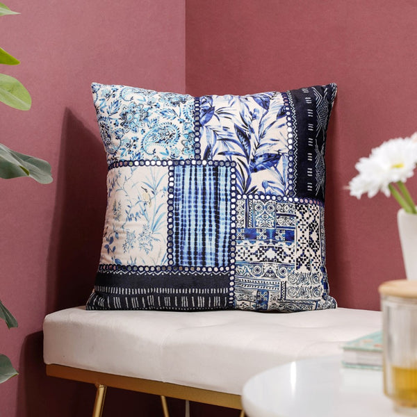 Valencia Patchwork Mirrorwork Cushion Cover Blue 16 x 16 Inch