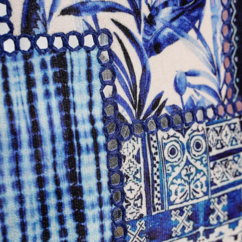 Velvet Patchwork Cushion Cover With Mirrorwork Blue 16 x 16 Inch