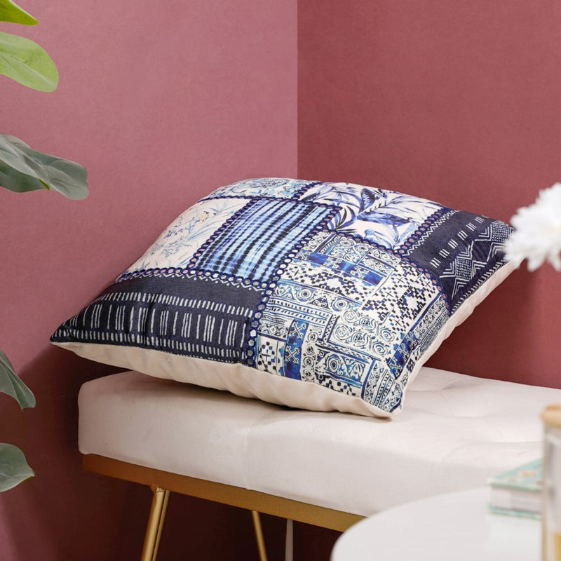 Velvet Patchwork Cushion Cover With Mirrorwork Blue 16 x 16 Inch