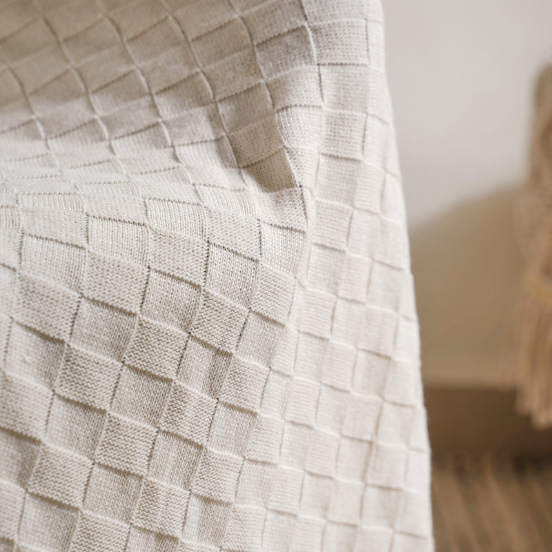 Off White Check Knitted Throw