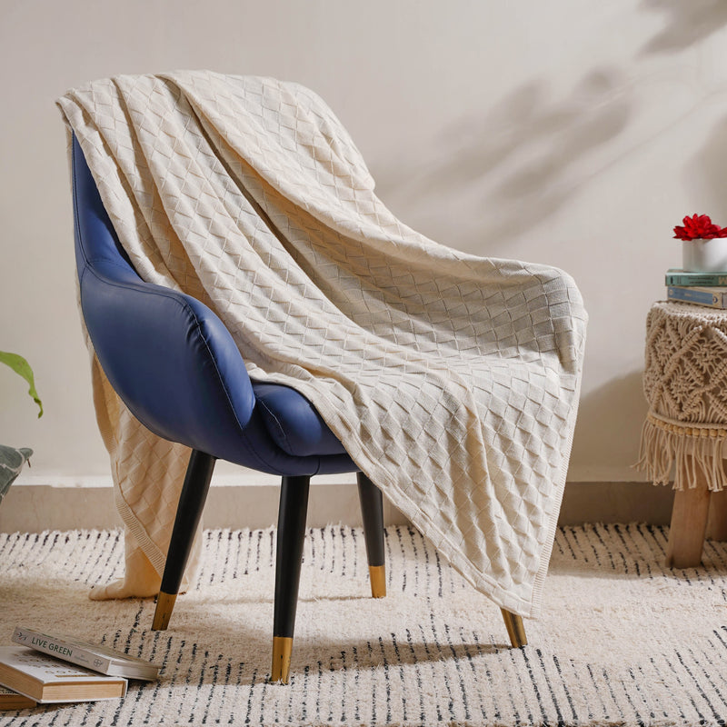 Off White Check Knitted Throw