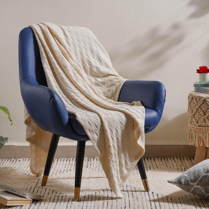 Off White Check Knitted Throw