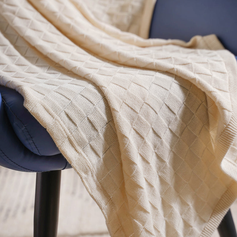 Off White Check Knitted Throw
