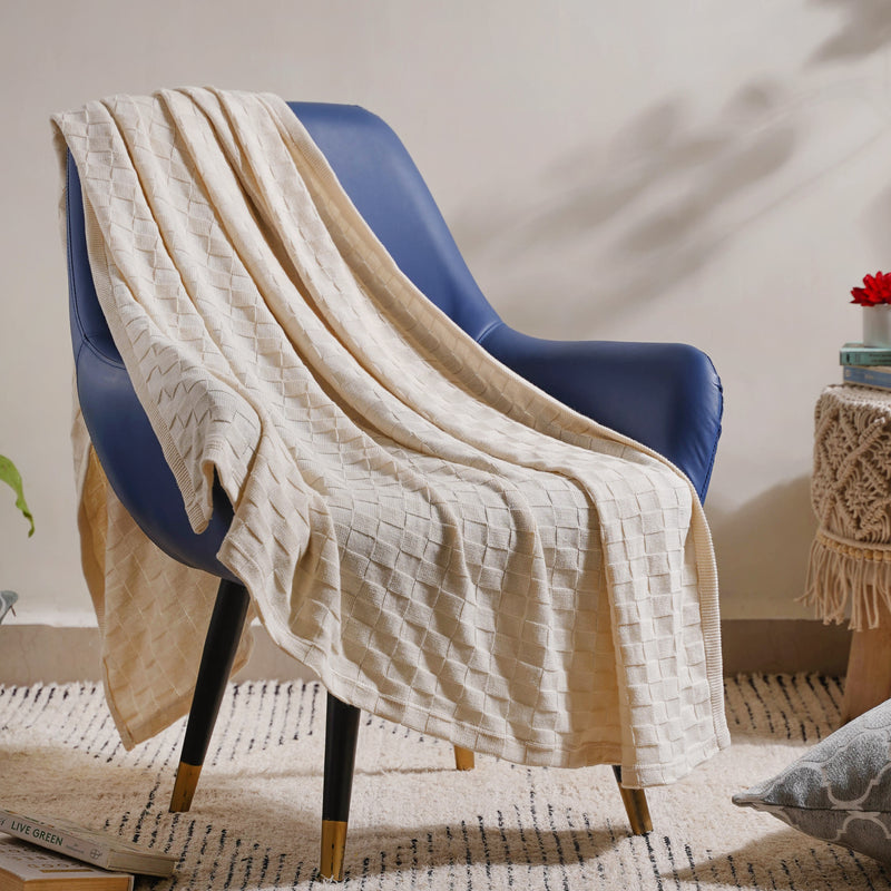 Off White Check Knitted Throw