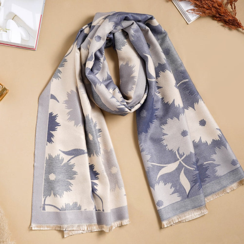 Floral Printed Woolen Scarf Blue