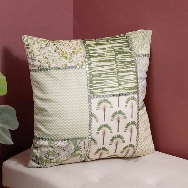 Velvet Patchwork Cushion Cover With Mirrorwork Tropical Green 16 x 16 Inch