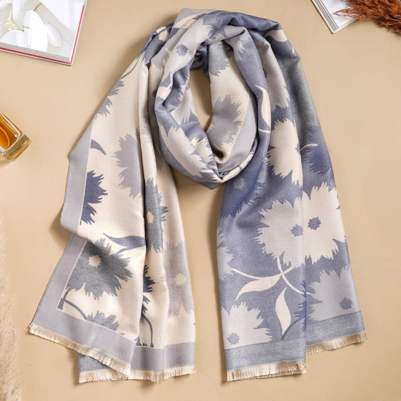 Floral Printed Woolen Scarf Blue