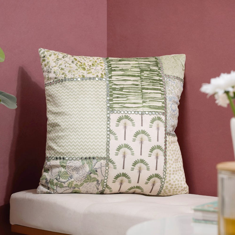 Velvet Patchwork Cushion Cover With Mirrorwork Tropical Green 16 x 16 Inch