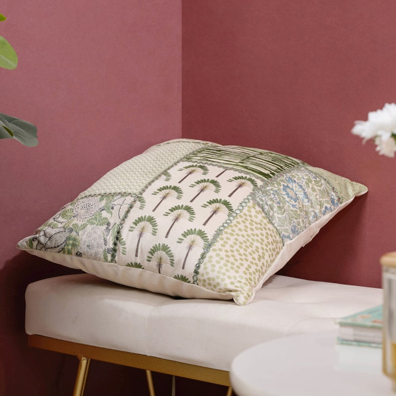 Velvet Patchwork Cushion Cover With Mirrorwork Tropical Green 16 x 16 Inch