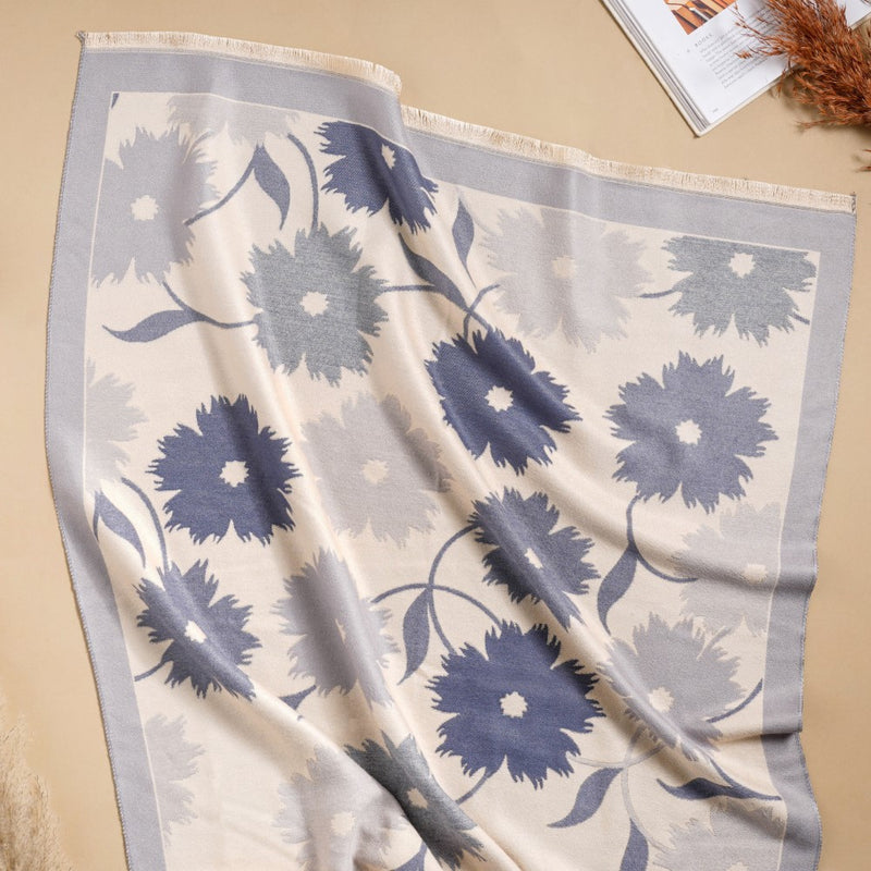 Floral Printed Woolen Scarf Blue