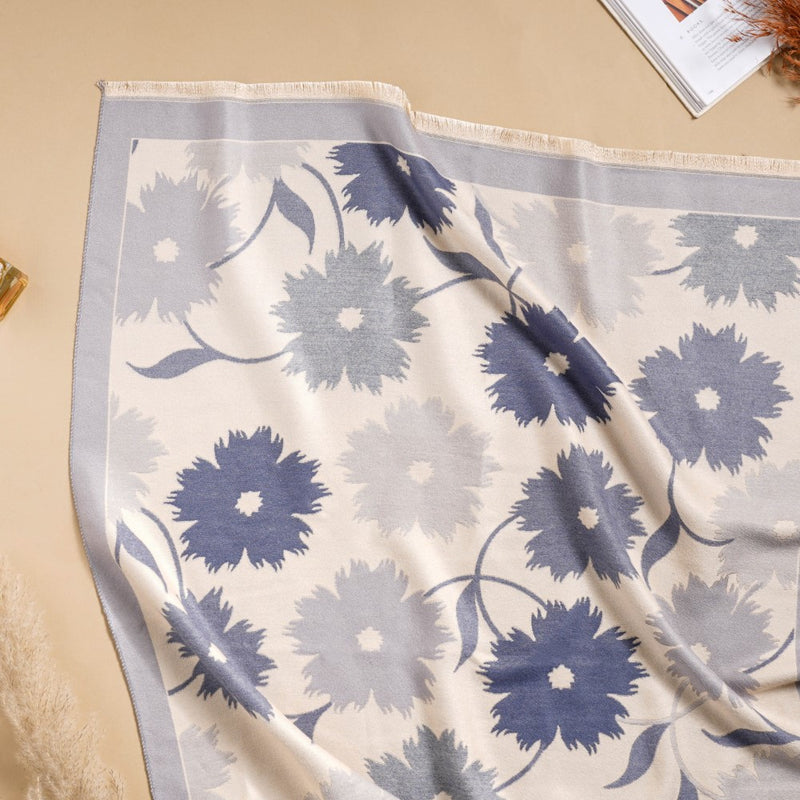 Floral Printed Woolen Scarf Blue