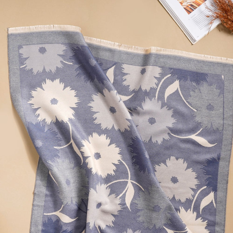 Floral Printed Woolen Scarf Blue